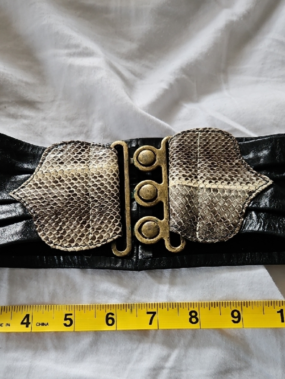 Wide Black Faux Leather Stretch Belt with Metallic Accent